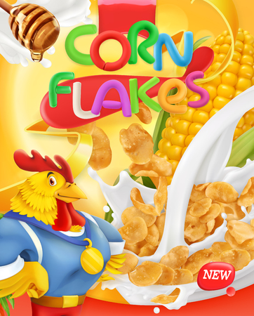 Corn flakes, rooster mascot. Honey and milk splashes.のイラスト素材