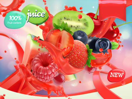 Mix fruits and berries. Splash of juice. Strawberry, raspberry, blueberry, watermelon. 3d realistic vector, package designのイラスト素材