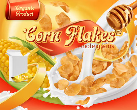 Corn flakes, honey and milk splashes.のイラスト素材