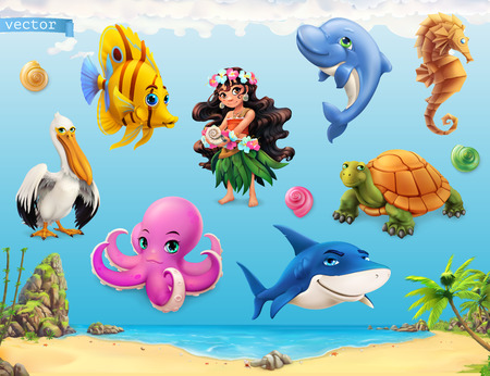 Little girl with a seashell. Funny sea animals and fishes. 3d vector icon setのイラスト素材