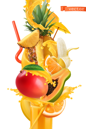 Splash of juice and sweet tropical fruits. Mango, banana, pineapple, papaya, orange. 3d realistic vectorのイラスト素材