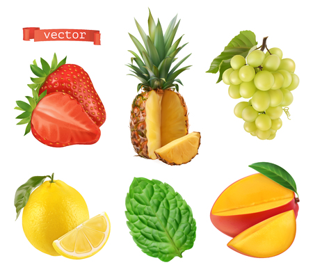 Fresh fruit. Strawberry, pineapple, grapes, lemon, mint and mango. 3d vector icons set. Realistic illustrationのイラスト素材