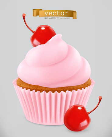 Cupcake with cherry. 3d realistic vector iconのイラスト素材