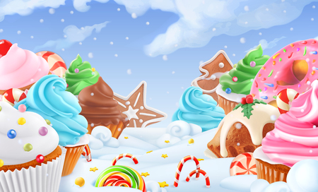 Cupcake, fairy cake. Winter sweet landscape. Christmas background. 3d vector illustrationのイラスト素材