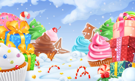 Cupcake, gift box. Winter sweet landscape. Christmas background. 3d vector illustrationのイラスト素材