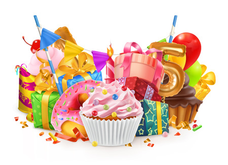 Happy holiday. Cupcake, gift box. 3d vector illustrationのイラスト素材