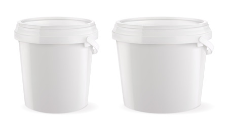 Packaging building and sanitary. White plastic bucket. 3d realism, vector mockupのイラスト素材