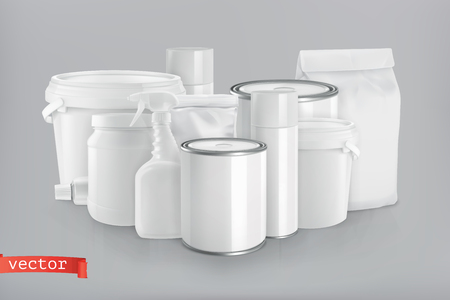 Packaging building and sanitary. White plastic, metal and paper pack. 3d realism, vector groupのイラスト素材