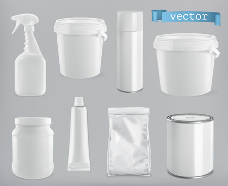 Packaging building and sanitary. White plastic, metal and paper pack. 3d realism, vector mockup setのイラスト素材