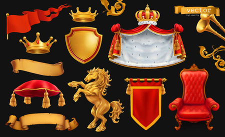 Gold crown of the king. Royal chair, mantle, pillow.のイラスト素材