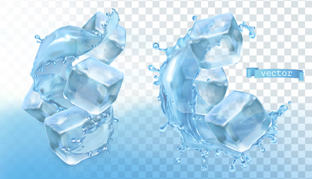 Ice cubes and water splash. 3d realistic vectorのイラスト素材