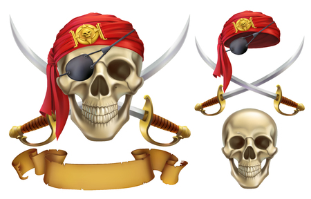 Skull and sabers. Pirate emblem. 3d vector icon setのイラスト素材