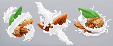 Almond and milk splash. 3d realistic vector iconのイラスト素材