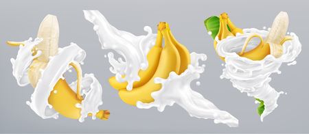 Banana and milk splash, yogurt. 3d realistic vector iconのイラスト素材