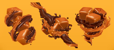 Chocolate and caramel splashes, 3d realistic vectorのイラスト素材