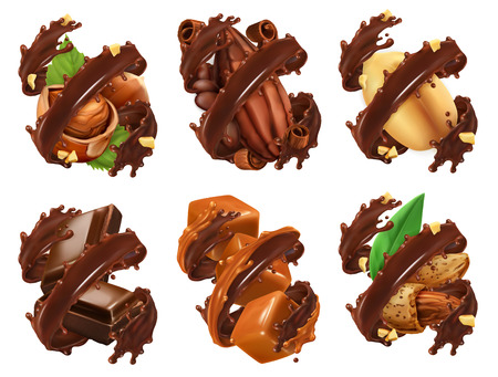 Chocolate bar, nuts, caramel, cocoa bean in chocolate splash. 3d realistic vectorのイラスト素材