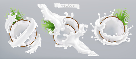 Coconut and milk splash. 3d realistic vector iconのイラスト素材
