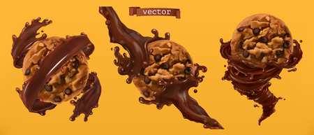 Cookies and chocolate splashes. 3d realistic vectorのイラスト素材