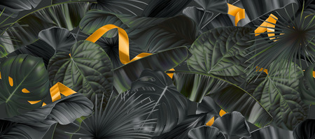 Dark jungle leaves with gold ribbons seamless pattern, 3d vector realistic backgroundのイラスト素材