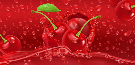 Drops. Cherry juicy. 3d realistic vectorのイラスト素材