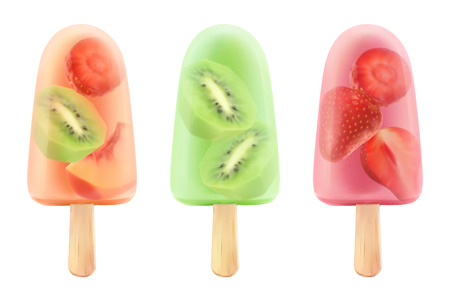 Fruit ice cream strawberry, kiwi, peach. 3d realistic vector icon setのイラスト素材