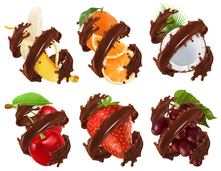 Fruits and berries in chocolate splash. Banana, orange, coconut, cherry, strawberry, grapes 3d realistic vectorのイラスト素材