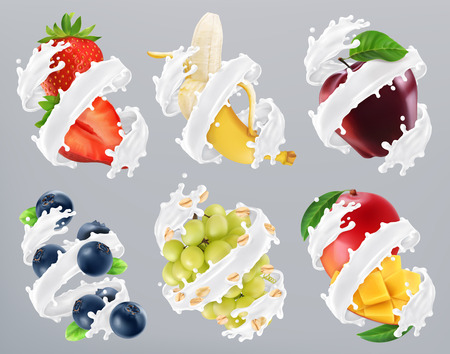 Fruits and berries in milk splashのイラスト素材