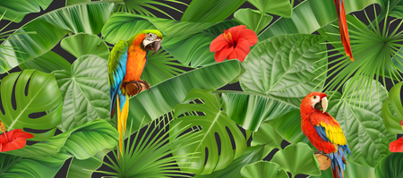 Jungle leaves and parrots, seamless pattern. 3d vector realistic backgroundのイラスト素材