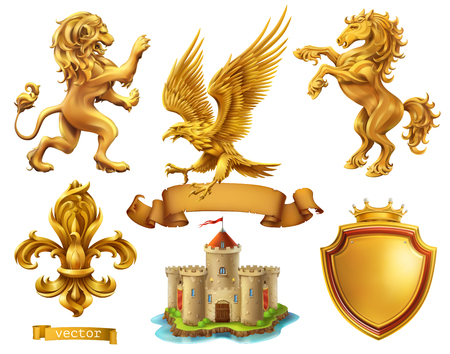 Lion, horse, eagle, lily. Golden heraldic elements.