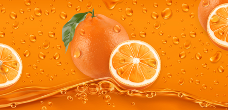 Orange Drops. Fresh fruit background. 3d realistic vectorのイラスト素材