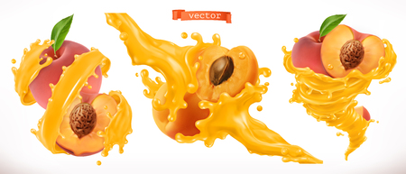 Peach and apricot juice. Fresh fruit 3d realistic vector iconのイラスト素材