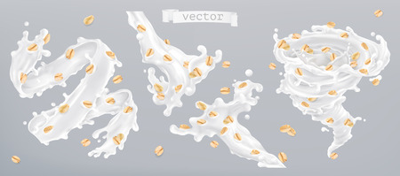 Rolled oats and milk splashes, 3d realistic vector iconのイラスト素材