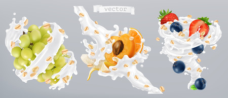 Rolled oats, fruits and milk splashes. 3d realistic vector iconのイラスト素材