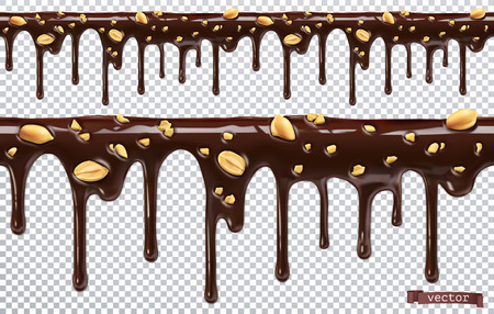Dripping chocolate with peanut nuts. Melt drip. 3d realistic vector, seamless patternのイラスト素材