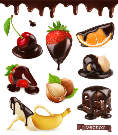 Fruits and berries in chocolate. Cherry, strawberries, banana, orange and hazelnuts. 3d realistic vector setのイラスト素材