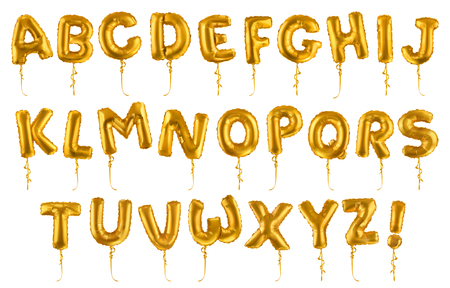 Golden inflatable toy balloons font. 3d vector realistic set. Letters from A to Zのイラスト素材