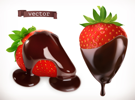 Strawberry in chocolate. 3d realistic vector iconのイラスト素材