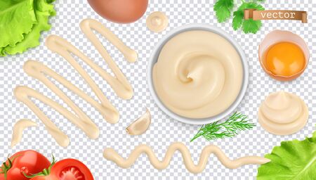 Mayonnaise sauce. 3d vector realistic setのイラスト素材
