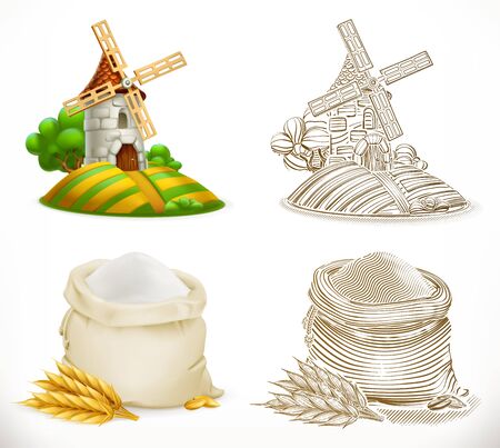 Mill and flour. 3d realism and engraving styles. Vector illustrationのイラスト素材