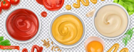 Sauces. Ketchup, mustard, mayonnaise. 3d vector realistic setのイラスト素材
