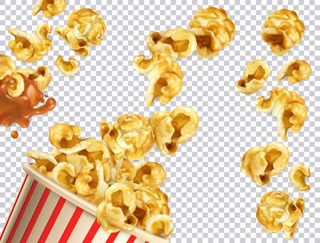 Popcorn with caramel vectorized image. 3d realistic vector setのイラスト素材