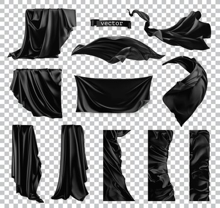 Black curtain vectorized image. Drapery fabric 3d realistic vector setのイラスト素材