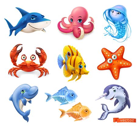 Fish and sea animals. Shark, octopus, jellyfish, crab, starfish, dolphin, narwhal. Cartoon character 3d vector icon setのイラスト素材