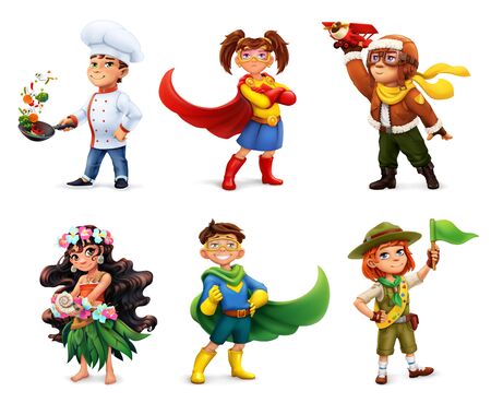 Little children in costumes. Superheroes, cook, pilot, scout. Comic character, 3d vector icon setのイラスト素材