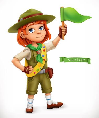 Little scout with green flag. Comic character, 3d vector illustrationのイラスト素材