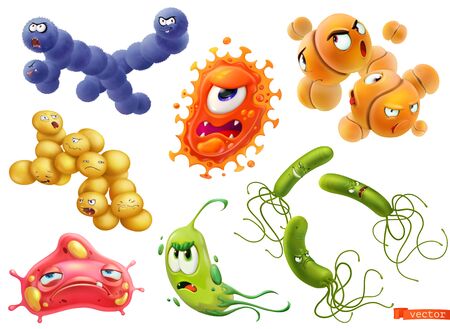 Virus, bacteria. Diplococcus, streptococcus, helicobacter pylori, pneumococcus, staphylococcus aureus. Funny monster, cartoon character. 3d vector icon setのイラスト素材