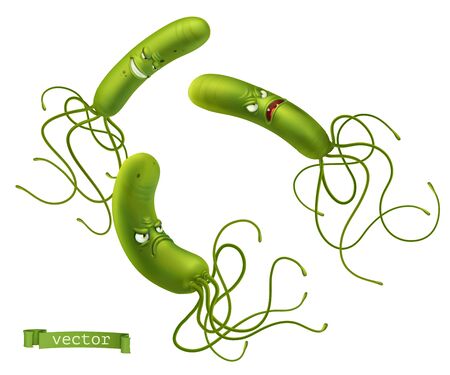 Helicobacter pylori bacteria. Green funny monsters, cartoon characters. 3d vector iconのイラスト素材
