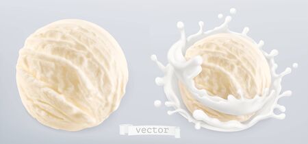 Ball of ice cream and splash of milk. 3d realistic vectorのイラスト素材