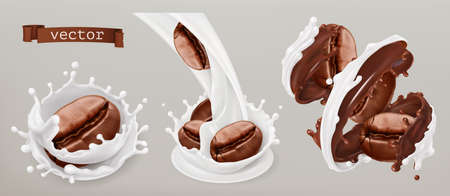 Coffee beans and milk splashes. 3d vector realistic setのイラスト素材