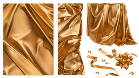 Golden cloth. Curtain, drapery, ribbon, bow. 3d realistic vector setのイラスト素材